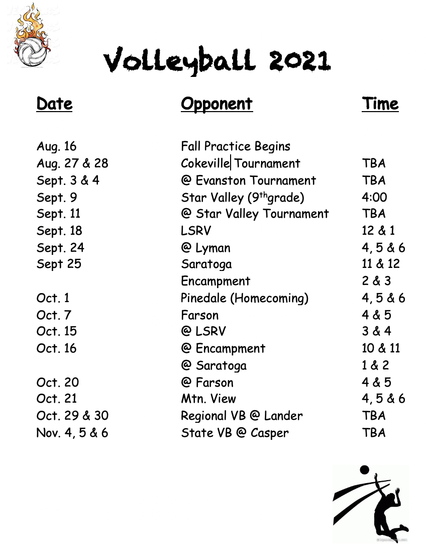 Volleyball Schedule, all information is on the calendar